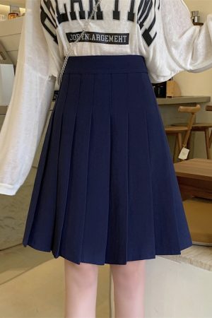 Blue Pleated Mid-Length A-Line Skirt for Spring and Summer, High-Waisted, Hip-Covering, Slimming JK Style Umbrella Skirt