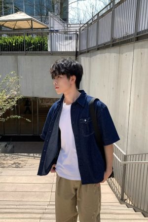 Blue Pocket Denim Short-Sleeve Shirt - American Retro Minimalist Style, Summer Loose Fit, Versatile Casual for Couples and Work