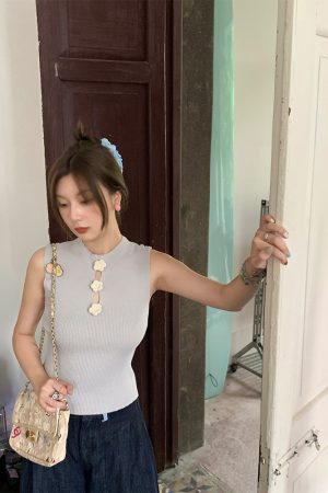 Blue Retro Ice Silk Camisole for Women - Summer Slim Fit Hollow Out Top with Starry River Silver Light Design