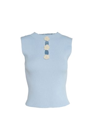 Blue Retro Ice Silk Camisole for Women - Summer Slim Fit Hollow Out Top with Starry River Silver Light Design