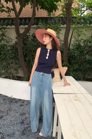 Blue Retro Ice Silk Camisole for Women - Summer Slim Fit Hollow Out Top with Starry River Silver Light Design