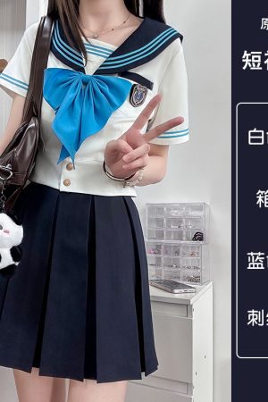 Blue Sailor Suit Women's College Style Waist-Defined Shirt - Japanese JK Uniform with Machida Pudding Bear Design for Summer