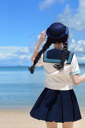 Blue Sailor Suit Women's College Style Waist-Defined Shirt - Japanese JK Uniform with Machida Pudding Bear Design for Summer