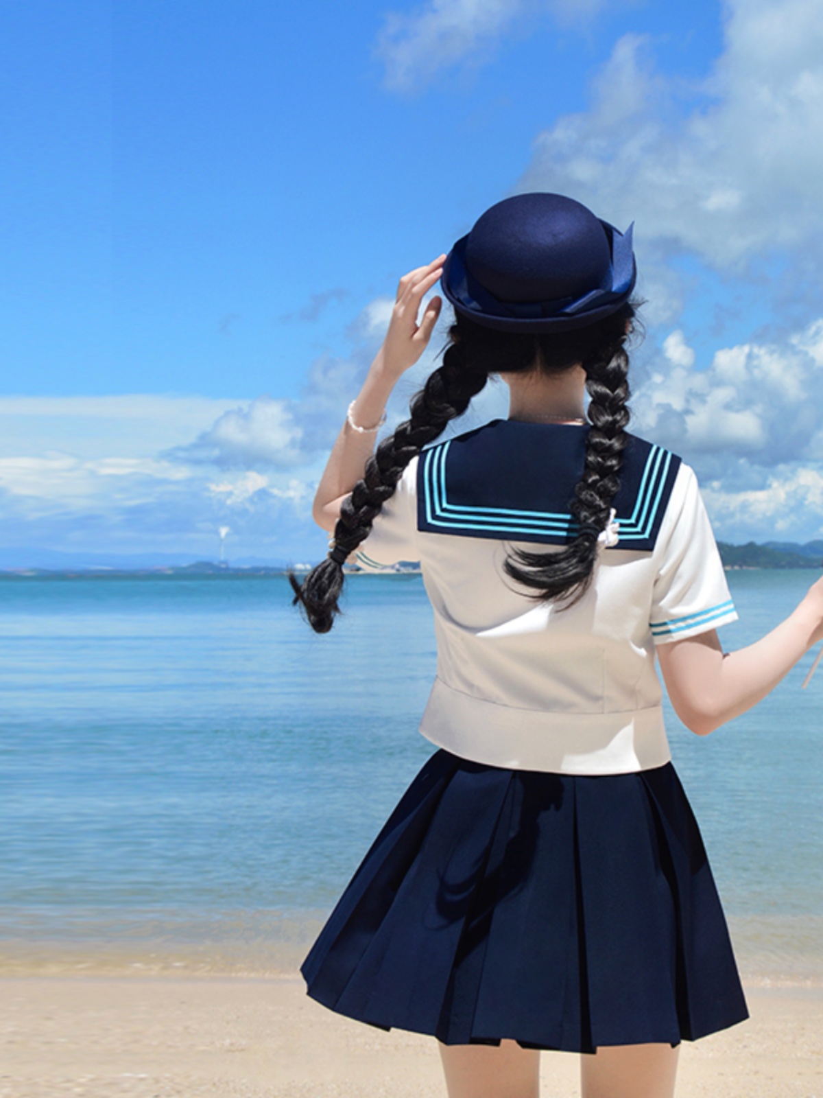 Blue Sailor Suit Women's College Style Waist-Defined Shirt - Japanese JK Uniform with Machida Pudding Bear Design for Summer Blue Sailor Suit Women's College Style Waist-Defined Shirt - Japanese JK Uniform with Machida Pudding Bear Design for Summer