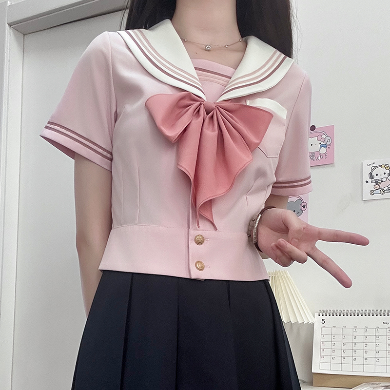 Blue Sailor Suit Women's College Style Waist-Defined Shirt - Japanese JK Uniform with Machida Pudding Bear Design for Summer Blue Sailor Suit Women's College Style Waist-Defined Shirt - Japanese JK Uniform with Machida Pudding Bear Design for Summer