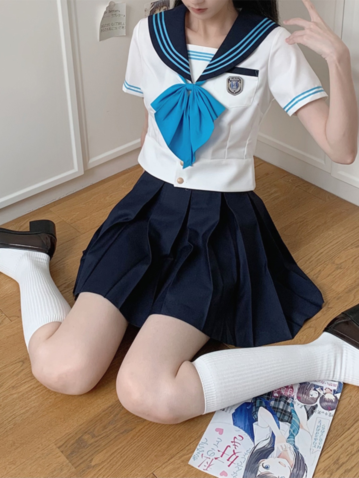 Blue Sailor Suit Women's College Style Waist-Defined Shirt - Japanese JK Uniform with Machida Pudding Bear Design for Summer Blue Sailor Suit Women's College Style Waist-Defined Shirt - Japanese JK Uniform with Machida Pudding Bear Design for Summer