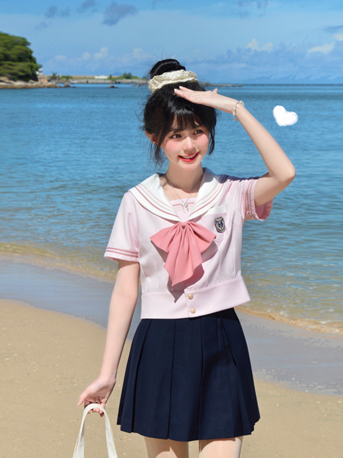 Blue Sailor Suit Women's College Style Waist-Defined Shirt - Japanese JK Uniform with Machida Pudding Bear Design for Summer Blue Sailor Suit Women's College Style Waist-Defined Shirt - Japanese JK Uniform with Machida Pudding Bear Design for Summer