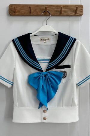 Blue Sailor Suit Women's College Style Waist-Defined Shirt - Japanese JK Uniform with Machida Pudding Bear Design for Summer