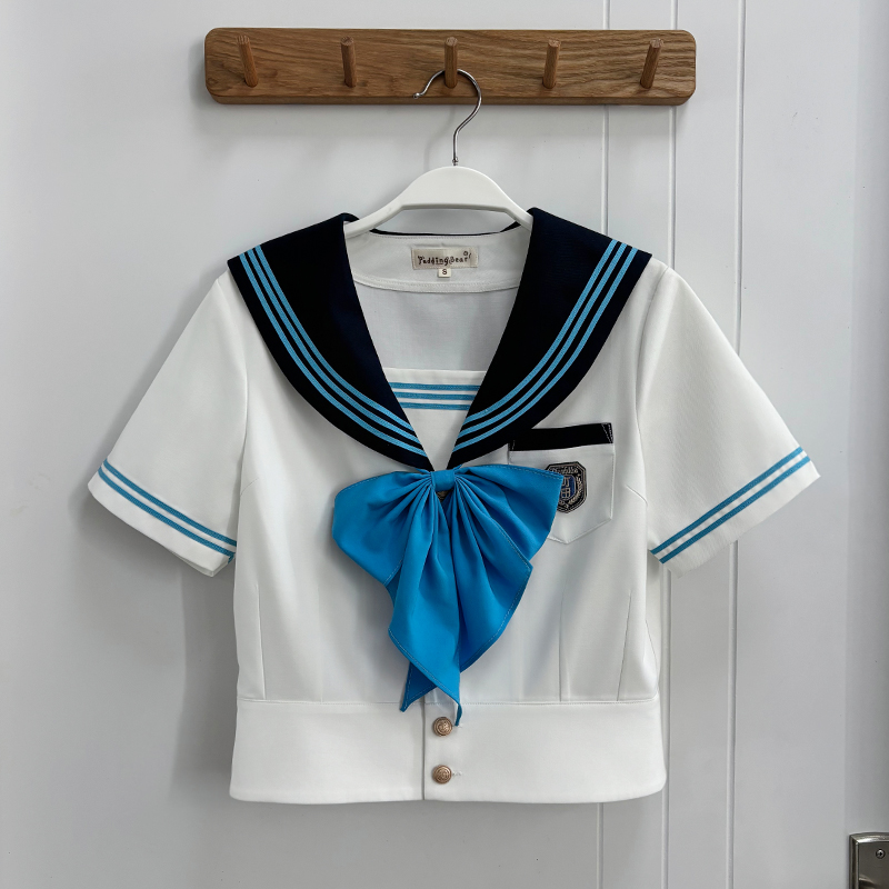 Blue Sailor Suit Women's College Style Waist-Defined Shirt - Japanese JK Uniform with Machida Pudding Bear Design for Summer Blue Sailor Suit Women's College Style Waist-Defined Shirt - Japanese JK Uniform with Machida Pudding Bear Design for Summer