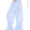 Blue Striped Bow Casual Wide-Leg Pants for Women - Summer Spliced Lace Design, Trendy 90s Inspired Straight-Leg Style