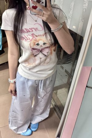 Blue Striped Casual Wide-Leg Pants for Women - Summer Loose Bow Design, Versatile Floor-Length Draping Trousers in American Style