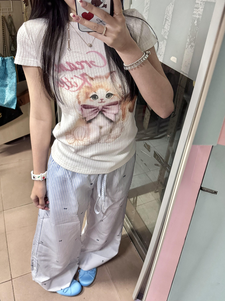 Blue Striped Casual Wide-Leg Pants for Women - Summer Loose Bow Design, Versatile Floor-Length Draping Trousers in American Style Blue Striped Casual Wide-Leg Pants for Women - Summer Loose Bow Design, Versatile Floor-Length Draping Trousers in American Style