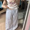 Blue Striped Casual Wide-Leg Pants for Women - Summer Loose Bow Design, Versatile Floor-Length Draping Trousers in American Style
