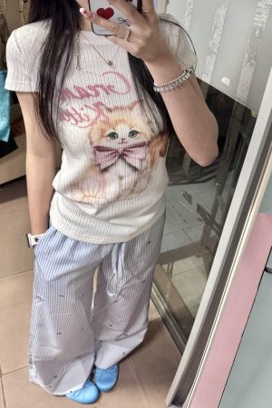 Blue Striped Casual Wide-Leg Pants for Women - Summer Loose Bow Design, Versatile Floor-Length Draping Trousers in American Style