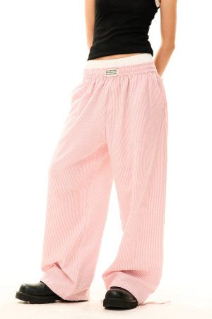 Blue Striped High Waist Slim Straight Leg Casual Pants for Women - Summer Fake Two-Piece Lazy Style Trousers