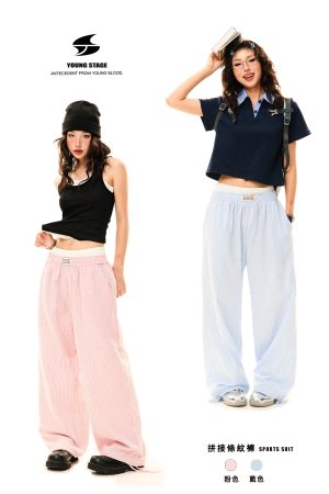 Blue Striped High Waist Slim Straight Leg Casual Pants for Women - Summer Fake Two-Piece Lazy Style Trousers