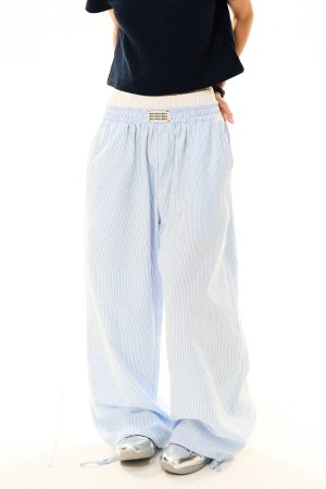 Blue Striped High Waist Slim Straight Leg Casual Pants for Women - Summer Fake Two-Piece Lazy Style Trousers