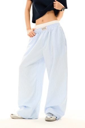Blue Striped High Waist Slim Straight Leg Casual Pants for Women - Summer Fake Two-Piece Lazy Style Trousers