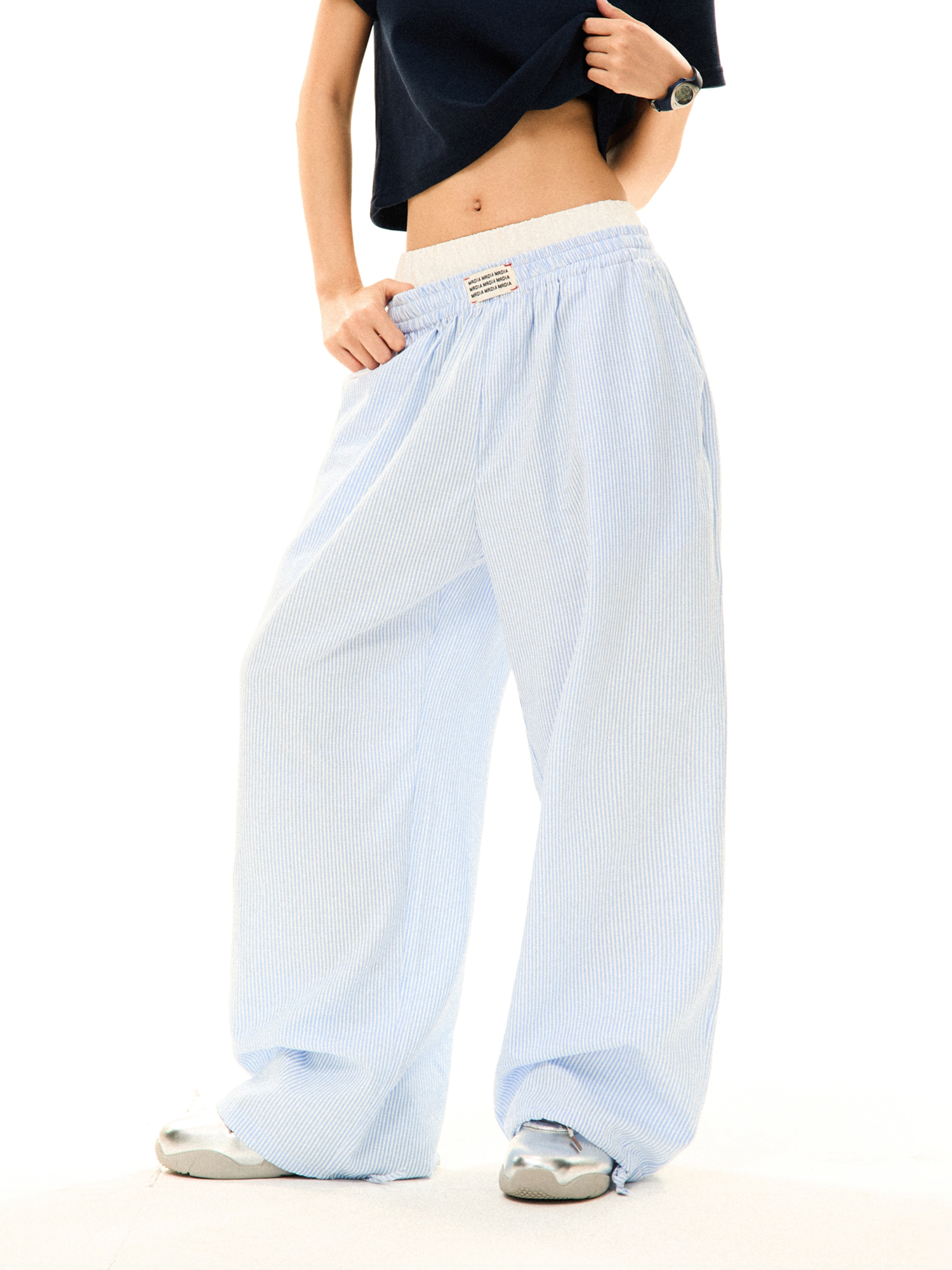 Blue Striped High Waist Slim Straight Leg Casual Pants for Women - Summer Fake Two-Piece Lazy Style Trousers Blue Striped High Waist Slim Straight Leg Casual Pants for Women - Summer Fake Two-Piece Lazy Style Trousers