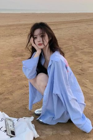 Blue Striped Printed Loose Long Sleeve Shirt with Heartbeat Design for Women - Trendy Y2K Style Top