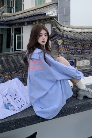 Blue Striped Printed Loose Long Sleeve Shirt with Heartbeat Design for Women - Trendy Y2K Style Top