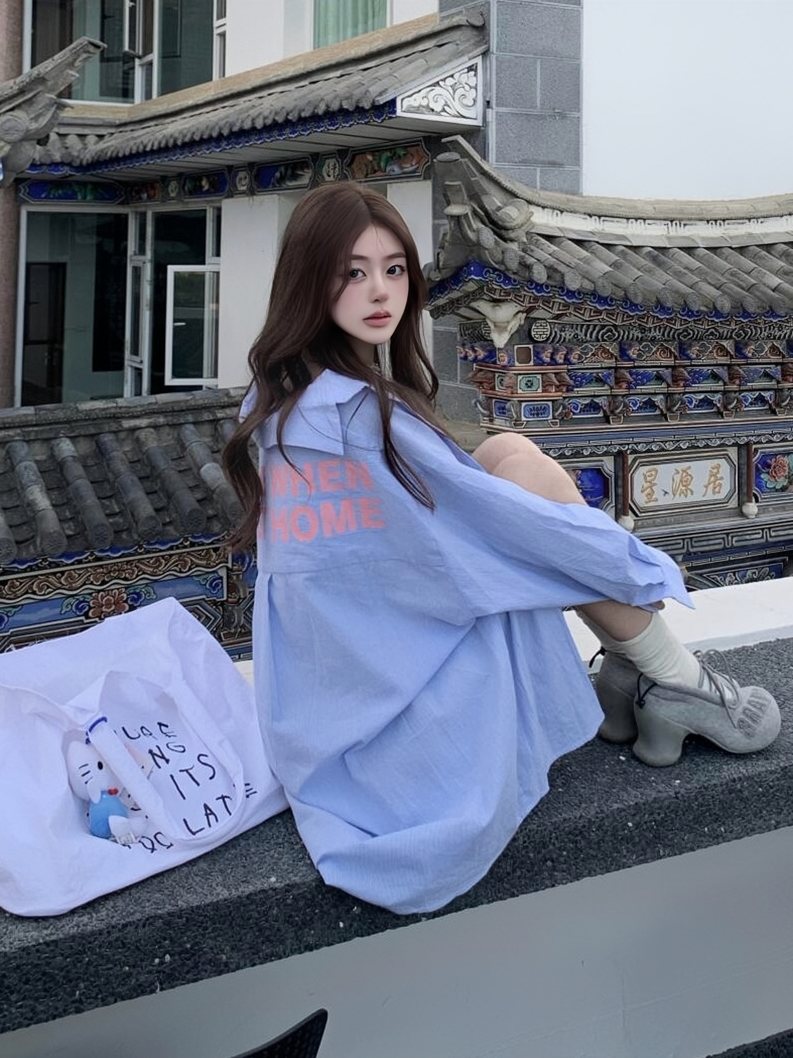 Blue Striped Printed Loose Long Sleeve Shirt with Heartbeat Design for Women - Trendy Y2K Style Top Blue Striped Printed Loose Long Sleeve Shirt with Heartbeat Design for Women - Trendy Y2K Style Top