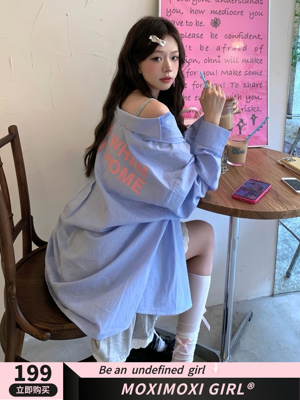 Blue Striped Printed Loose Long Sleeve Shirt with Heartbeat Design for Women - Trendy Y2K Style Top Blue Striped Printed Loose Long Sleeve Shirt with Heartbeat Design for Women - Trendy Y2K Style Top