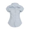 Blue Striped Short Sleeve Button-Up Cardigan Shirt for Women - Summer Waist-Defined French Style Top