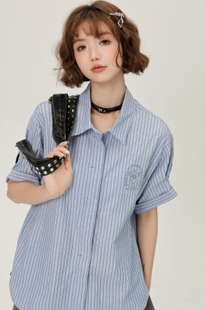 Blue Striped Short Sleeve Shirt for Women, Embroidered Wide Cuff Design, Slimming Summer Style, Trendy Fashion Top