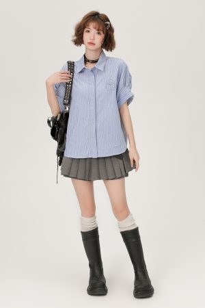 Blue Striped Short Sleeve Shirt for Women, Embroidered Wide Cuff Design, Slimming Summer Style, Trendy Fashion Top