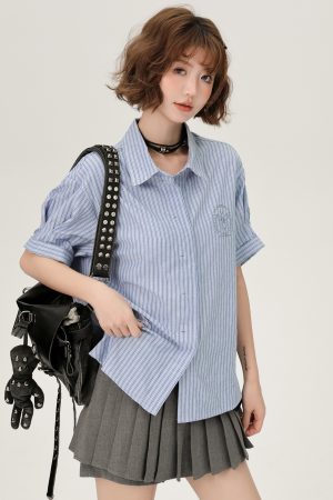 Blue Striped Short Sleeve Shirt for Women, Embroidered Wide Cuff Design, Slimming Summer Style, Trendy Fashion Top