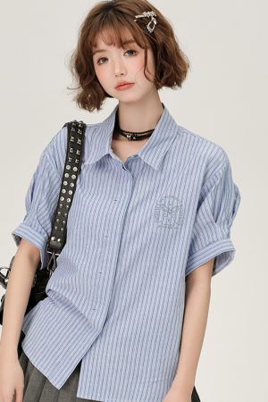 Blue Striped Short Sleeve Shirt for Women, Embroidered Wide Cuff Design, Slimming Summer Style, Trendy Fashion Top