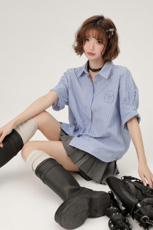 Blue Striped Short Sleeve Shirt for Women, Embroidered Wide Cuff Design, Slimming Summer Style, Trendy Fashion Top