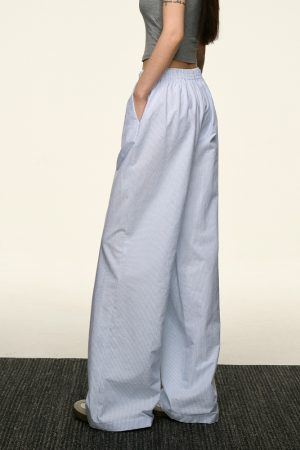 Blue Striped Wide-Leg Pants for Women - Casual Summer Retro Style, Loose Fit, Slimming American 90s Fashion