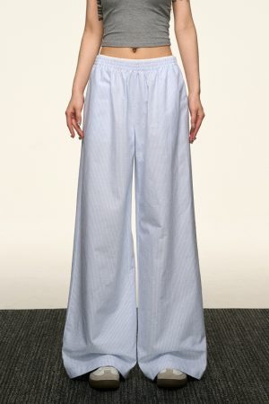 Blue Striped Wide-Leg Pants for Women - Casual Summer Retro Style, Loose Fit, Slimming American 90s Fashion