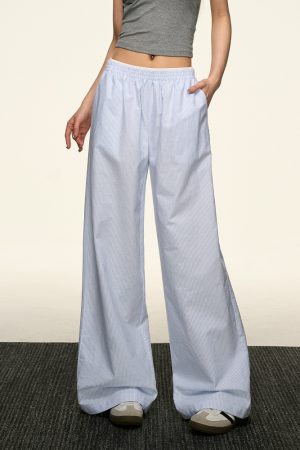 Blue Striped Wide-Leg Pants for Women - Casual Summer Retro Style, Loose Fit, Slimming American 90s Fashion