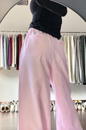 Blue Vertical Striped Wide-Leg Casual Pants for Women - Summer 2025 Loose Fit Draping Effect Walking Sports Pants