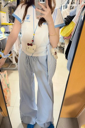 Blue Vertical Striped Wide-Leg Casual Pants for Women - Summer 2025 Loose Fit Draping Effect Walking Sports Pants