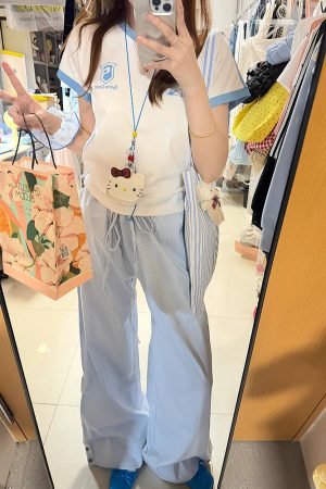 Blue Vertical Striped Wide-Leg Casual Pants for Women - Summer 2025 Loose Fit Draping Effect Walking Sports Pants