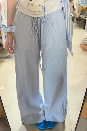 Blue Vertical Striped Wide-Leg Casual Pants for Women - Summer 2025 Loose Fit Draping Effect Walking Sports Pants