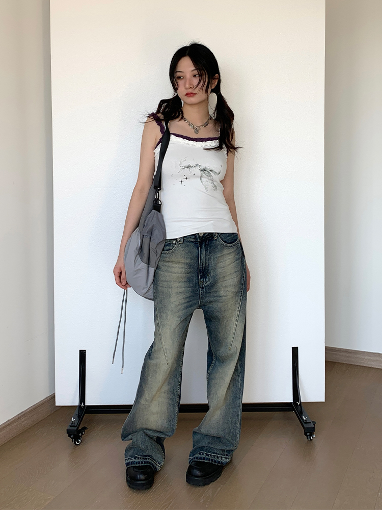 Blue Vintage Bow Print Slim Fit Casual Lace Knitted Tank Top for Spring Summer - Stylish 90s Inspired Fashion Essential Blue Vintage Bow Print Slim Fit Casual Lace Knitted Tank Top for Spring Summer - Stylish 90s Inspired Fashion Essential