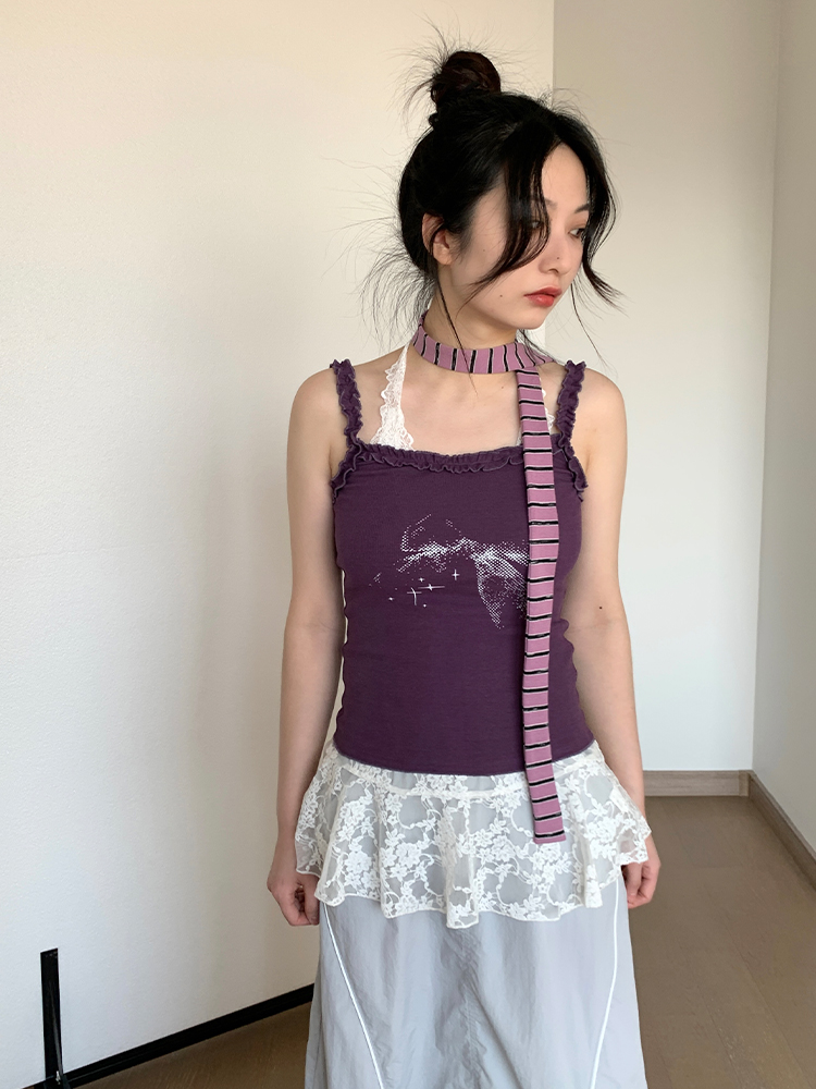 Blue Vintage Bow Print Slim Fit Casual Lace Knitted Tank Top for Spring Summer - Stylish 90s Inspired Fashion Essential Blue Vintage Bow Print Slim Fit Casual Lace Knitted Tank Top for Spring Summer - Stylish 90s Inspired Fashion Essential