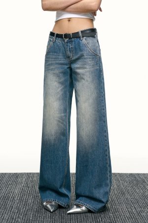 Blue Washed Scratch-Style Low-Rise Jeans for Women, Loose Straight-Leg Trousers, Slimming Wide-Leg Pants for Spring and Autumn Fashion