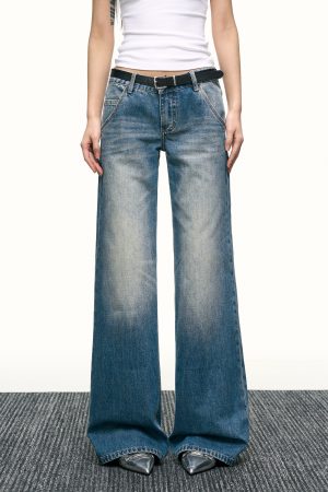 Blue Washed Scratch-Style Low-Rise Jeans for Women, Loose Straight-Leg Trousers, Slimming Wide-Leg Pants for Spring and Autumn Fashion
