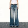 Blue Washed Scratch-Style Low-Rise Jeans for Women, Loose Straight-Leg Trousers, Slimming Wide-Leg Pants for Spring and Autumn Fashion