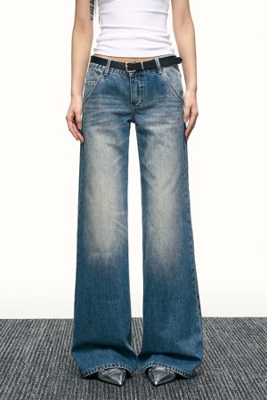 Blue Washed Scratch-Style Low-Rise Jeans for Women, Loose Straight-Leg Trousers, Slimming Wide-Leg Pants for Spring and Autumn Fashion