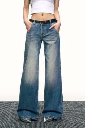 Blue Washed Scratch-Style Low-Rise Jeans for Women, Loose Straight-Leg Trousers, Slimming Wide-Leg Pants for Spring and Autumn Fashion