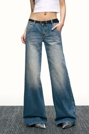 Blue Washed Scratch-Style Low-Rise Jeans for Women, Loose Straight-Leg Trousers, Slimming Wide-Leg Pants for Spring and Autumn Fashion