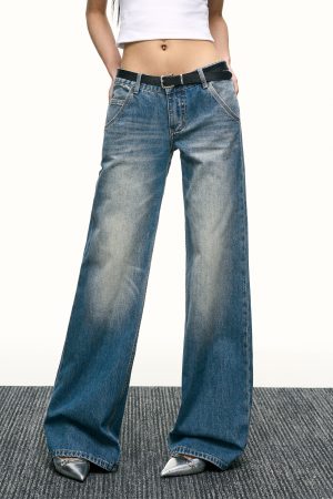 Blue Washed Scratch-Style Low-Rise Jeans for Women, Loose Straight-Leg Trousers, Slimming Wide-Leg Pants for Spring and Autumn Fashion