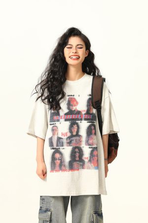 Blurred Portrait Print Vintage Floral Short Sleeve T-Shirt for Women - American Retro Style, Trendy Gray Tee